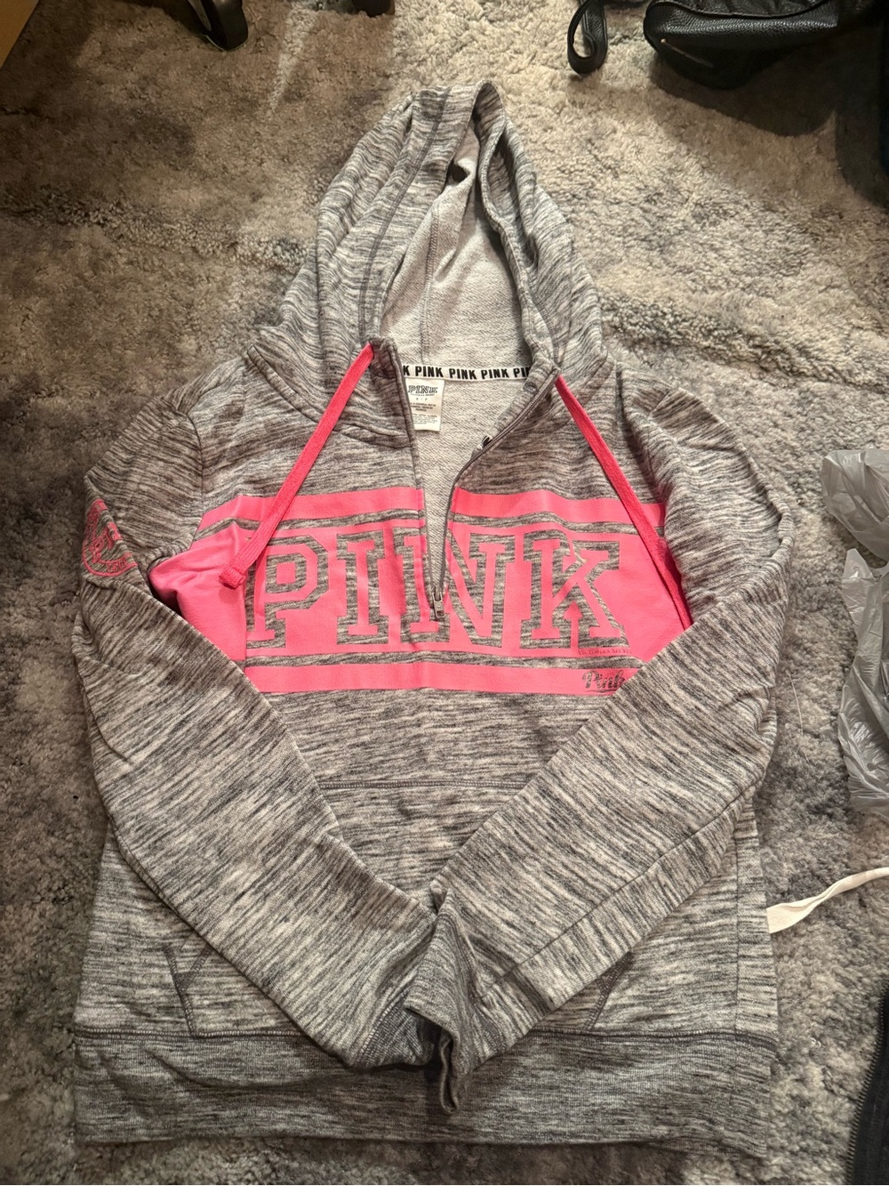 PINK Victoria's Secret Gray & Hot Pink Hooded Pullover